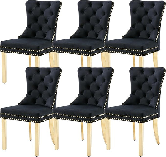 KCC Velvet Dining Chairs Set of 6, Upholstered High-end Tufted Dining Chair with Nailhead Back Ring Pull Trim Stainless Steel Legs, Contemporary Nikki Collection Modern Style for Kitchen, Black