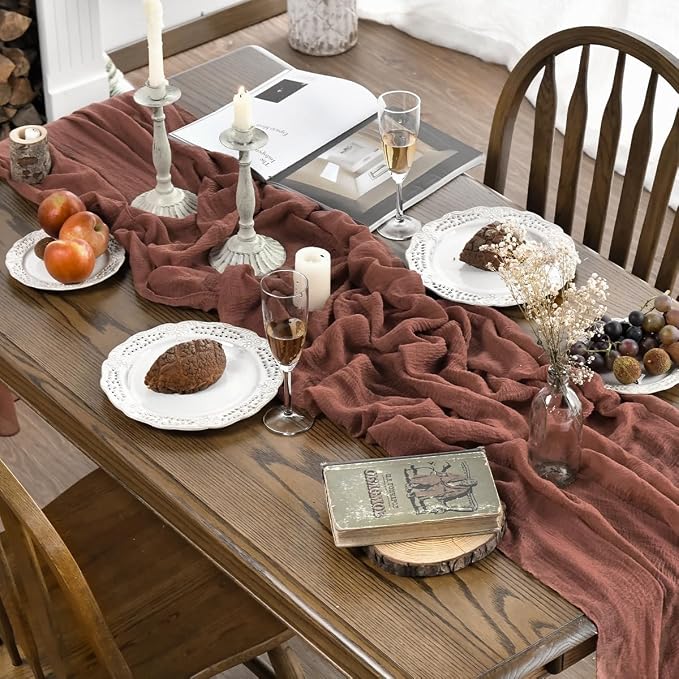 Artoid Mode Boho Cheesecloth Gauze Dusty Rose Wedding Table Runner, 120 Inch - Image 3