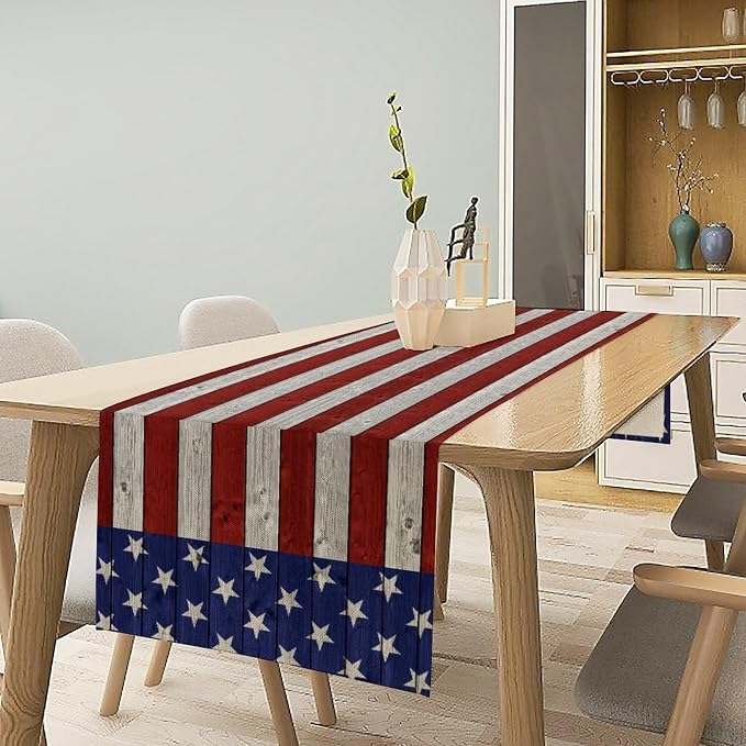 American Flag Table Runner, 4th of July USA Rustic Vintage Wooden Blue Red - Image 2