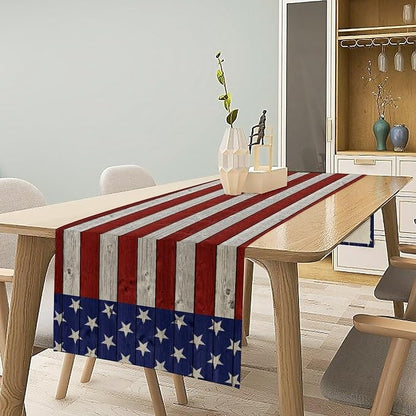 American Flag Table Runner, 4th of July USA Rustic Vintage Wooden Blue Red - Image 2