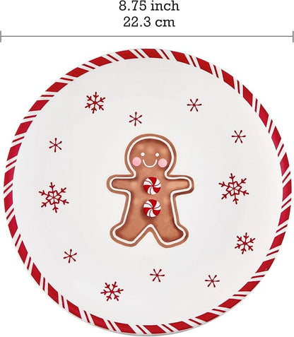 Bico Traditional Christmas Gingerbread Man Salad Plates Set of 4, 8.75 Inch Ceramic Dessert Plates for Salad, Appetizer, Side Dishes, Microwave and Dishwasher Safe, Gift for Housewarming and Christmas