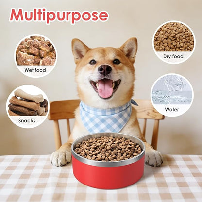 IKITCHEN Dog Bowl for Food and Water, 40 Oz Stainless Steel Pet Feeding Bowl, Durable Non-Skid Double Wall Insulated Heavy Duty with Rubber Bottom for Medium Large Dogs (40 Ounces/5 Cup, Red)