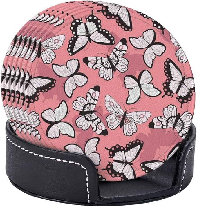 Drink Coasters with Holder Stand Set of 6, Butterfly Pattern Pu Leather - Image 2
