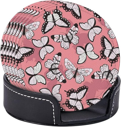 Drink Coasters with Holder Stand Set of 6, Butterfly Pattern Pu Leather - Image 2
