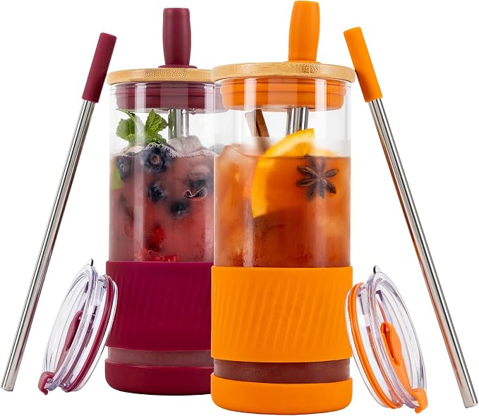 Pandaloo® Glass Cups With Lids and Straws -20 Fl Oz- Perfect Size Iced Coffee by Pandaloo