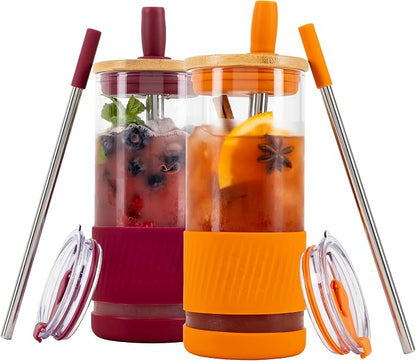 Pandaloo® Glass Cups With Lids and Straws -20 Fl Oz- Perfect Size Iced Coffee by Pandaloo