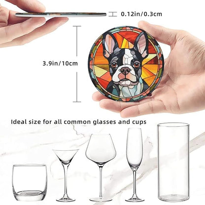 Drink Coaster Set of 6, Boston Terrier Dog Mom Lover Gift,Leather Drink Coasters with Holder,6 Pack Cup/Bar/Drink Coasters for Table/Drinks/Coffee Protection Housewarming Gift