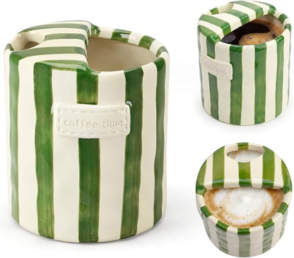 10oz Ceramic Coffee Mug with Sip Hole, Striped Espresso Cups by Nisuez