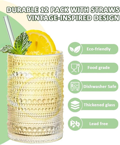 Large Capacity Glasses Drinking Set of 12, 15 oz Vintage Glassware Hobnail - Image 3
