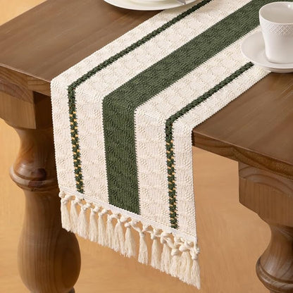 MLMW Boho Table Runner 60 inches Olive Green&Ivory Small Coffee Table Runner - Image 3