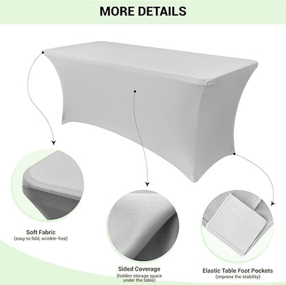 Obstal 4Ft Stretch Spandex Table Cover for Standard Folding Tables - 2 Pack Universal Rectangular Fitted Tablecloth for Party, Banquet, Events, Trade Show (Silver, 48L x 24W x 30H Inches)