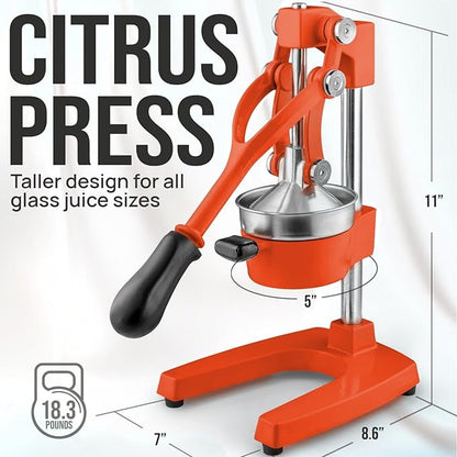 Zulay Kitchen Cast Iron Juicer - Easy-to-Clean Heavy-Duty Manual Juicer, Professional Citrus Juicer - Stainless Steel Lemon Squeezer - Manual Citrus Press & Orange Squeezer - Orange Juicer (Orange)