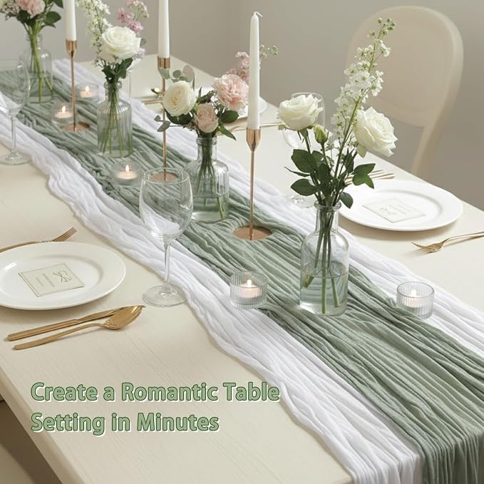 Cheesecloth Table Runner 2 Pack White and Sage Green, Boho Gauze Table Runner - Image 5