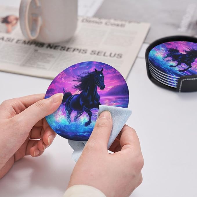 Horse Coasters for Drinks Set of 6, Round Leather Coaster - Image 6