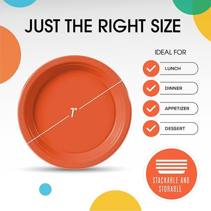Orange Plastic Plates For Party 7" Orange Disposable Plates Heavy Duty 100 Pcs Plastic Dinnerware Sets Heavy Duty 350 GSM Disposable Dinnerware Set