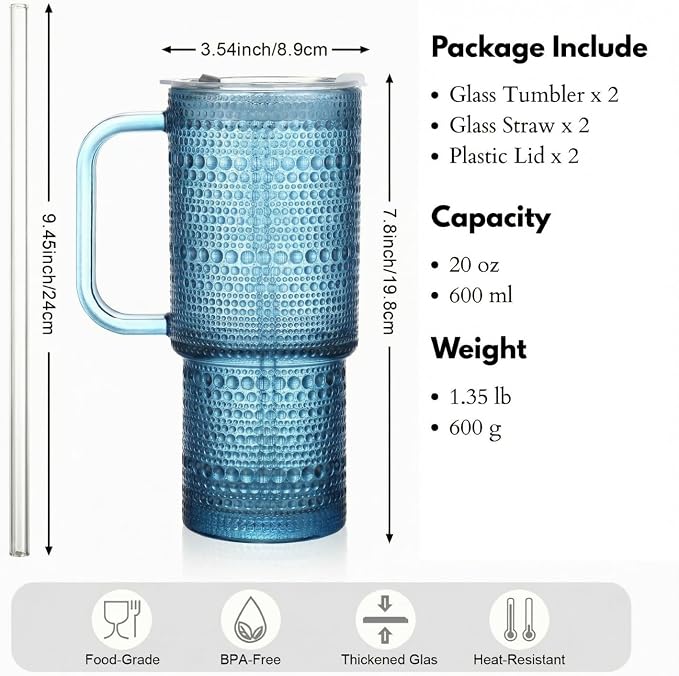 20 oz Blue Glass Tumbler with Lid and Straw, Glass Iced Coffee Cups, - Image 7