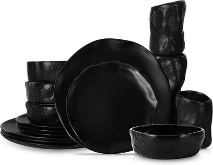 Stone by Mercer Project Atik Modern Stoneware 16-Piece Dinnerware Set, Plate and Bowl Set, Dish set for 4, Black