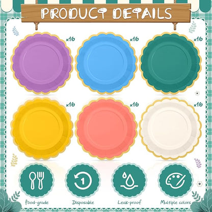96 Pcs Boho Rainbow Paper Plates 9 Inch Colorful Scalloped Paper Plates Disposable Dinner Dessert for Birthday Wedding Bridal Party Supplies, 6 Colors