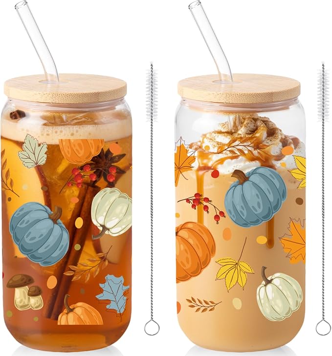 Sliner 2 Pcs Pumpkin Glass Cups Fall Drinking Tumbler by Sliner