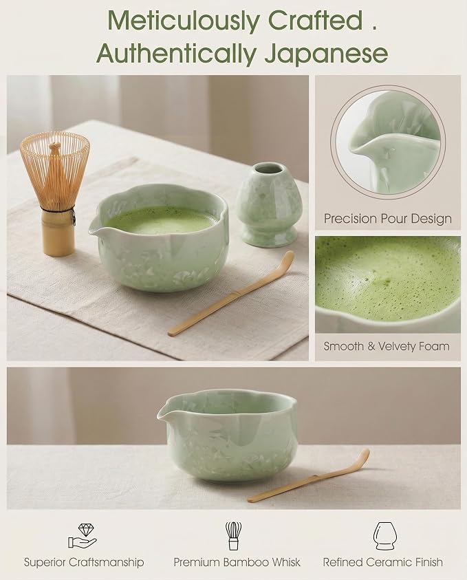 4-Piece Matcha Set, Crystal Glazed Bowl and Bamboo Whisk | Handcrafted Petal - Image 2
