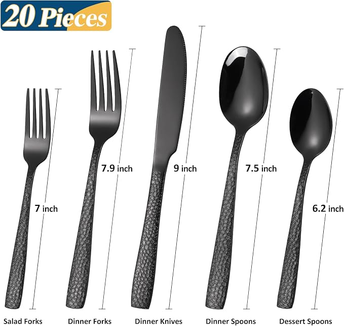 20 Piece Black Modern Flatware Set Hammered Silverware Set Stainless Steel Fine - Image 2