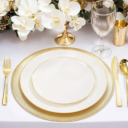Nervure 100Pcs Ivory and Gold Plastic Plates - 7.5inch Disposable Ivory Dessert/Salad Plates - Heavy Duty Plastic Plate Ideal for Wedding & Party