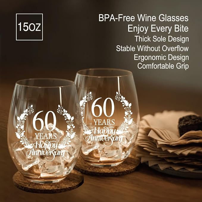 Perfectinsoy 60 Years Happy Anniversary Wine Glass Set of 2, 60th Anniversary - Image 4