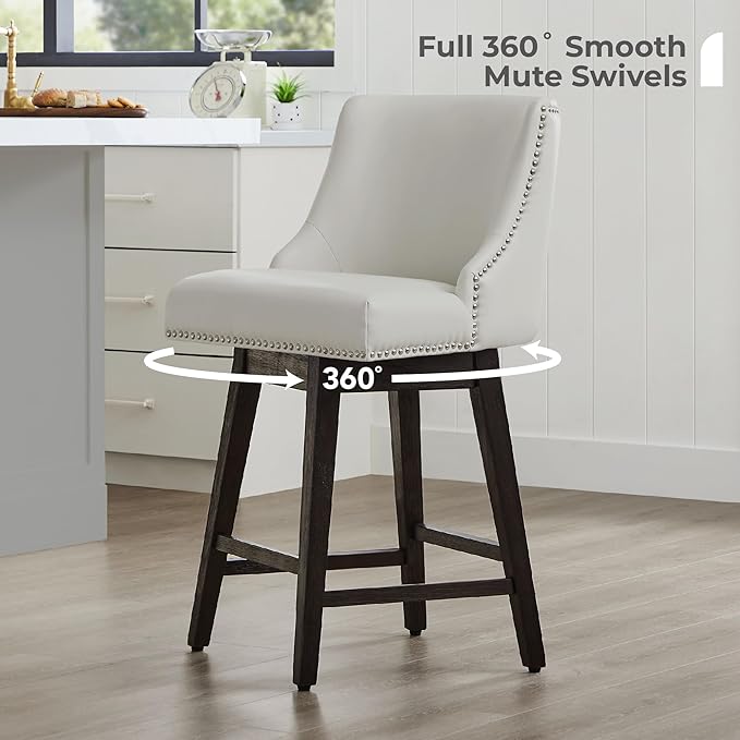 CHITA Counter Height Swivel Bar Stools Set of 2, FSC Certified Upholstered Counter Stools, Modern Swivel Barstools with Wood Legs for Kitchen Island, 26" Seat Height, Faux Leather in Creamy Grey
