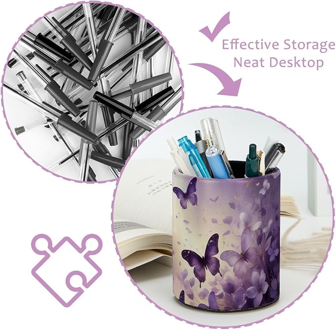 Leather Pen Holder for Desk, Butterfly Floral Pencil Cup Pen Organizer Makeup - Image 4