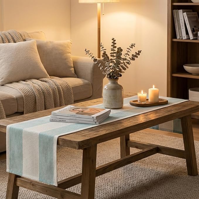 Artoid Mode Ice Blue Farmhouse Rustic Table Runner, Seasonal Macrame Fabric - Image 5