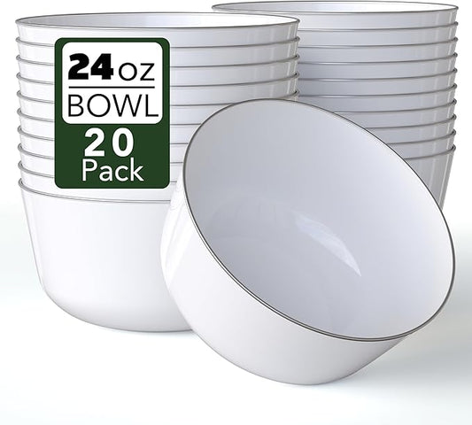 Trendables Plastic Bowls Disposable Bowls 24 Oz Bowl Set Of 20 White Silver Rimmed Fancy Plastic Serving Dishes Perfect for Parties and Events Disposable Candy Bowl
