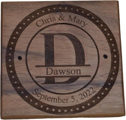 Personalized Wooden Coasters with Monogram, Wedding Date Engraved, Family Name- Choice of Wood (Split Letter Monogram)