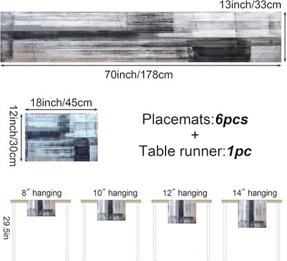 Black and Grey Modern Table Runner and Place Mats Set of 6 Abstract Black and - Image 3