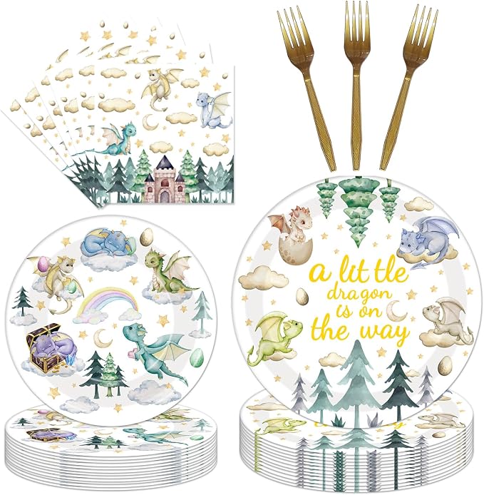 EUOYUFO 96Pcs A Little Dragon is On The Way Baby Shower Paper Plates Napkins by EUOYUFO