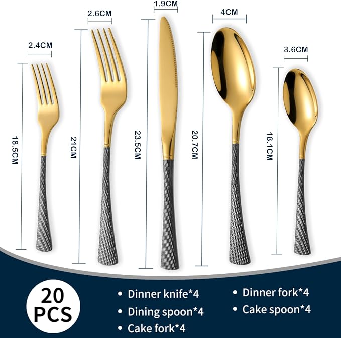 Hammered Black Gold Silverware Set, 20 Piece Modern Flatware Set Service - Image 2