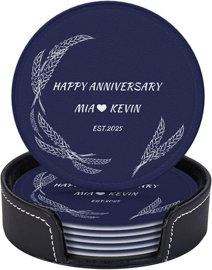 Customized Coasters Set of 6, Custom Brown PU Coasters with Name and Year 2025, Customize Coaster Set for Couples, Housewarming Gift for Couples New Home, Leather Coaster for Anniversary