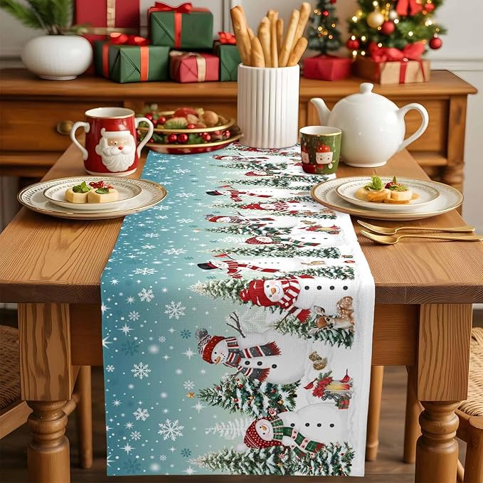 Teal Christmas Snowman Table Runner 70 Inches Long, Xmas Trees Snowflake Table - Image 5