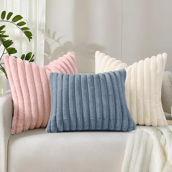 decorUhome Cozy Faux Fur Throw Pillow Covers 26x26 Set of 2 Decorative Soft Plush Striped Modern Farmhouse Boho Couch Euro Sham Pillow Cases with Velvet Back for Sofa Bed Living Room Valentines, Pink