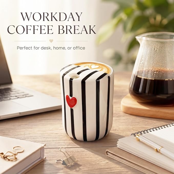 Ceramic Mug with Sip Hole 10 oz Novelty Black Striped Red Heart Ceramic Coffee - Image 6