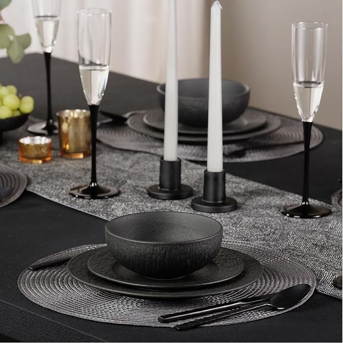 Black Dinnerware Sets, 12-Piece plates and bowls sets, Matte Marble | Premium - Image 4