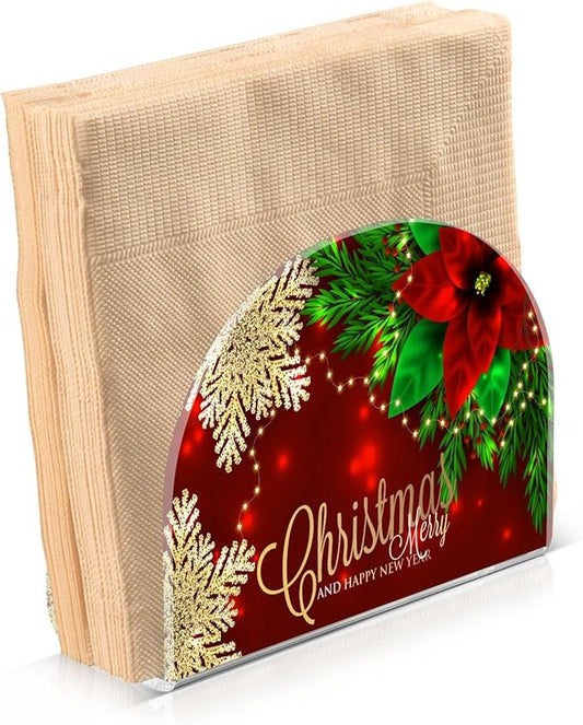 Napkin Holder Christmas Poinsettia and Snowflakes Crystal Clear Acrylic Napkin Holders Paper Napkin Holder Dining Table Dispenser for Kitchen Restaurant Home Decor Bar Accessories