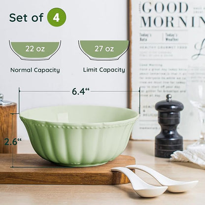 HOMBENE Ceramic Soup Serving Bowls for Kitchen, 6.4 Inch, Set of 4, Cereal Bowl Porcelain, Oven & Microwave Safe, Green