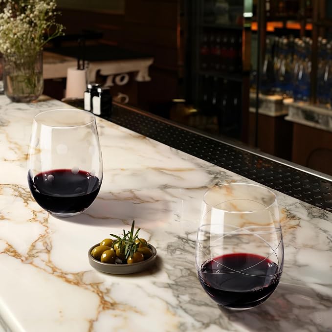 Joeyan Hand Blown Etched Stemless Wine Glasses - Image 3