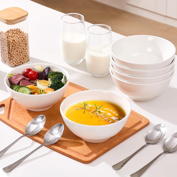 VENVENWEAVS 30 OZ White Thickened Ceramic Bowls Set of 6 Complimentary 6 Spoons - Image 6