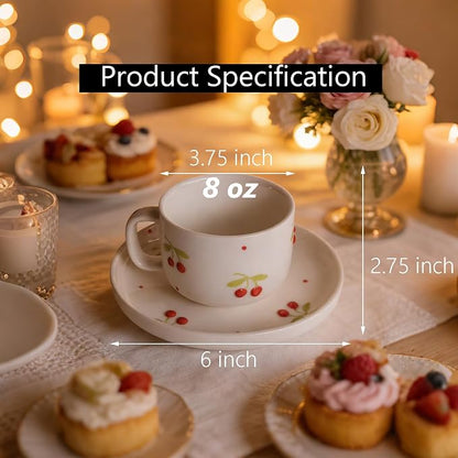Ceramic Coffee Mug Set of 2, 8 oz Cherry Design Cups - Image 2