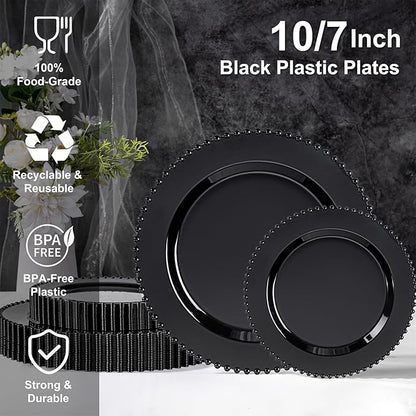 U-QE 60PCS Black Plastic Plates - Heavy Duty Black Disposable Plates Including 30PCS 10.25'' Dinner & 30PCS 7.5'' Dessert Plates -Hard Plastic Plate for Party Wedding Bridal Shower