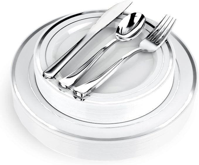 125-Piece White and Silver Fancy Plastic Plates Disposable by StockYourHome