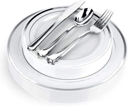125-Piece White and Silver Fancy Plastic Plates Disposable by StockYourHome