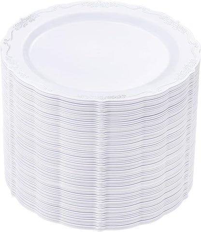 DaYammi 60PCS White and Silver Plastic Plates, Heavy Duty White and Silver Disposable Plates Premium 7.5inch White Dessert Cake Salad Appetizer Platos Hard Plastic Platos Disposable for Party Wedding