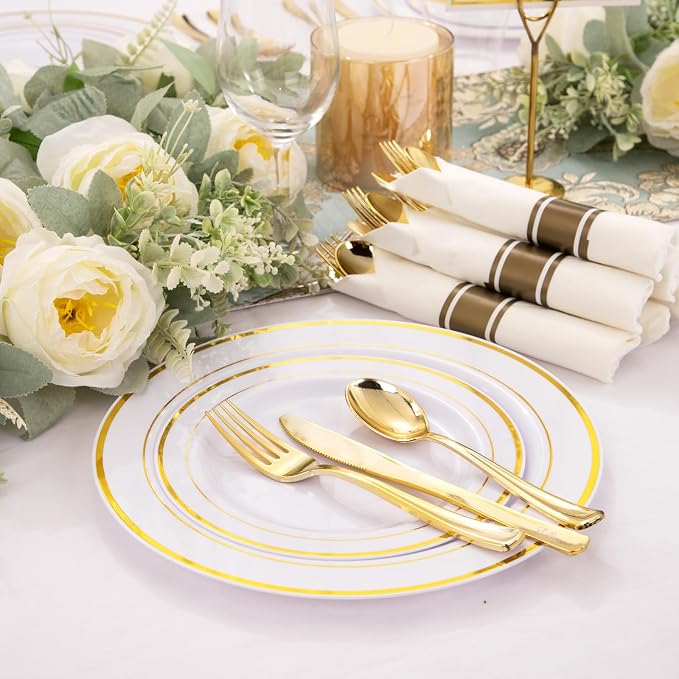 WELLIFE 210 Piece Gold Plastic Dinnerware Set, Include: 30 Dinner Plates - Image 7